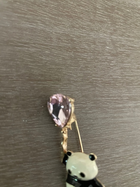 Artisan Pink and Black Panda Brooch with Gold Stem - Picture 5 of 8
